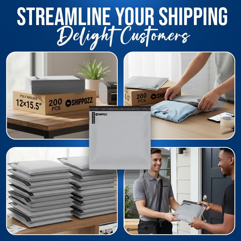 Shippozz 12x15.5 أكياس بولي 200 عبوة، أكياس شحن مقاومة للماء لتغليف الملابس، أكياس بريد ذاتية الإغلاق لمستلزمات التعبئة للأعمال الصغيرة، أظرف بريدية للكتب والإكسسوارات - Image 5